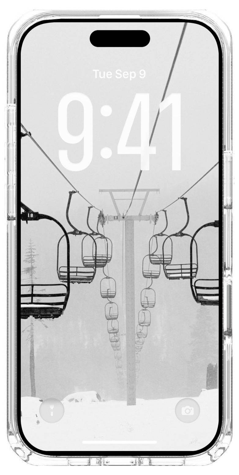 Smartphone zeigt 'Die Sep 9' und '9:41' über einem graustufigen Bild von leeren Skilifte-Stühlen, die über einer verschneiten Landschaft hängen.