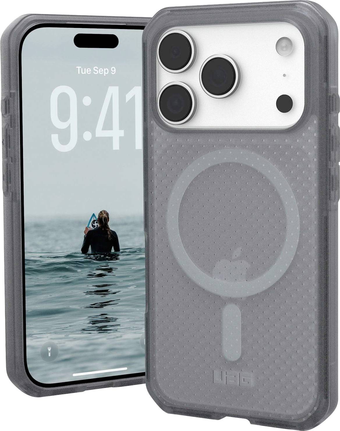 Ein Telefon mit einem grauen Schutzgehäuse und einem Display, das '9:41' zeigt, und eine Person im Wasser, die ein Smartphone hält.