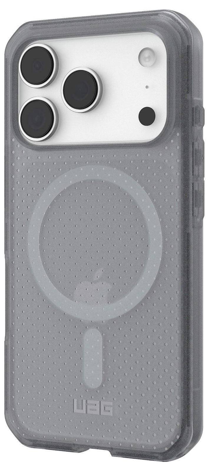 Eine transparente Schutzhandyhülle mit einer gepunkteten Textur, die für ein iPhone-Modell mit drei großen Kameraobjektiven entwickelt wurde.