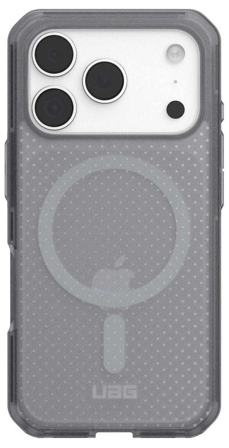 Eine durchsichtige Handyhülle mit drei Kameraobjektiv-Ausschnitten und einem sichtbaren Anschlussdesign, mit der Markenbezeichnung 'UAG' am unteren Rand.