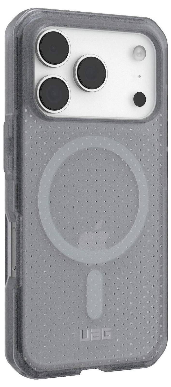 Eine transparente Handyhülle mit einem strukturierten Muster und einer großen Kameraaussparung, die das rückseitige Kamera-Setup und das MagSafe-Design des Telefons freilegt.