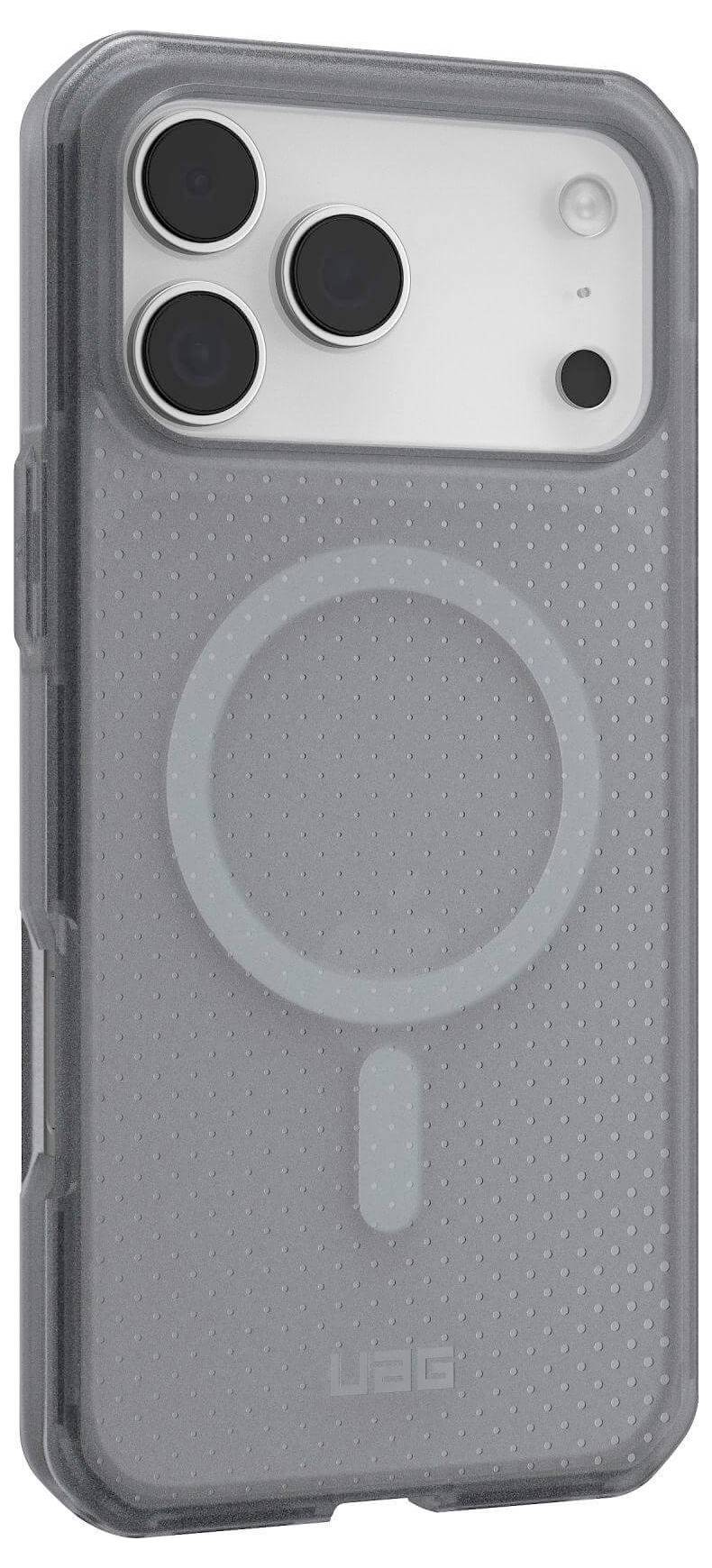 Handyhülle mit strukturierter Oberfläche, drei Kameraausschnitten und einem kreisförmigen MagSafe-Ladeindikator auf der Rückseite.