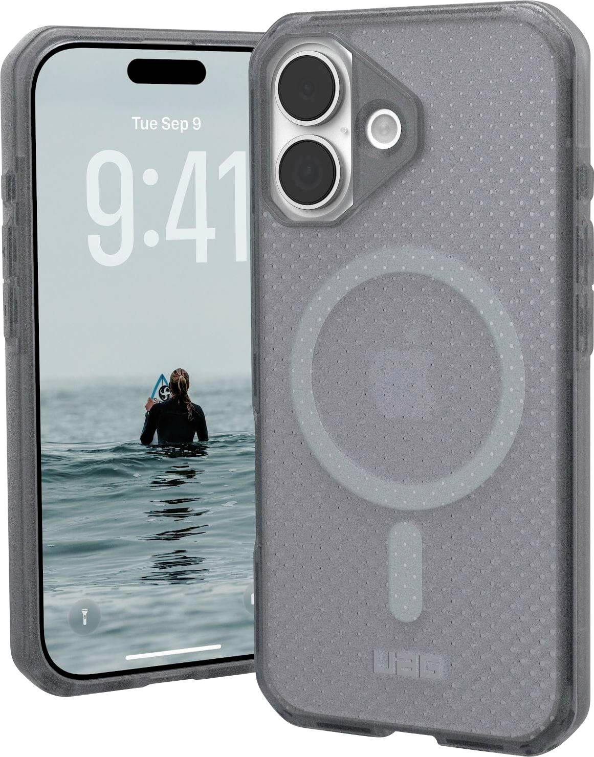 Ein durchsichtiger Telefonkoffer mit strukturiertem Muster wird gezeigt. Eine Ansicht zeigt die Rückseite mit MagSafe-Ring, die andere zeigt den Bildschirm der Vorderseite des Telefons.