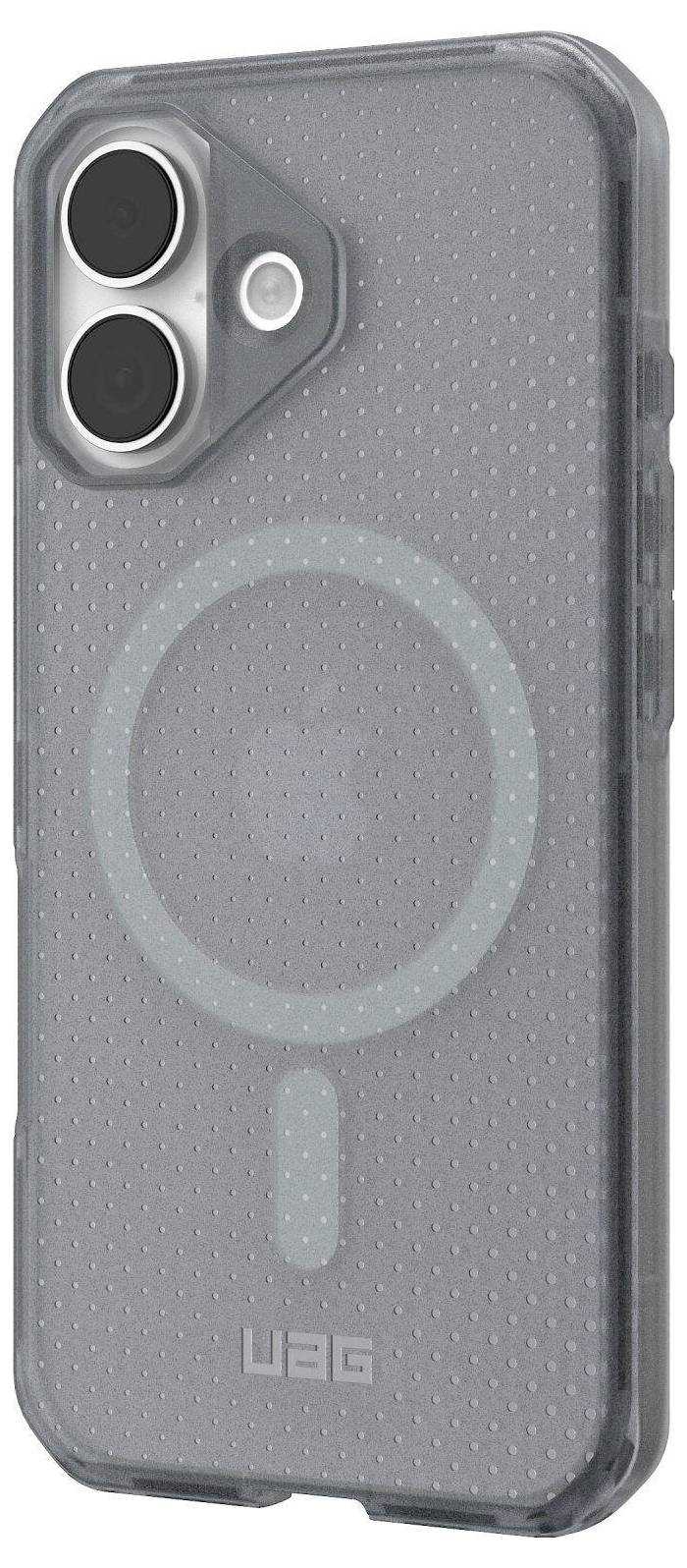 Eine transparente Handyhülle mit schwarzem Kamerabereich und kreisförmigem Muster, mit zwei Kameraausschnitten und einem UAG-Logo am unteren Rand.