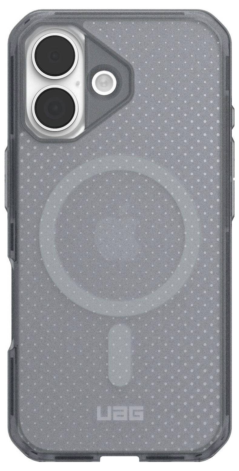 Eine transparente graue Handyhülle mit zwei Kameraausschnitten, einem kreisförmigen Design, das MagSafe-Kompatibilität anzeigt, und einem 'UAG'-Logo am unteren Rand.