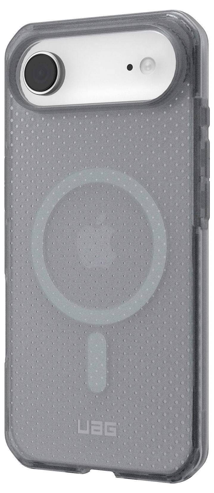 Eine graue UAG-Handyhülle mit MagSafe-Kompatibilität, mit einer gepunkteten Textur und klarer Markenbeschriftung auf der Rückseite.