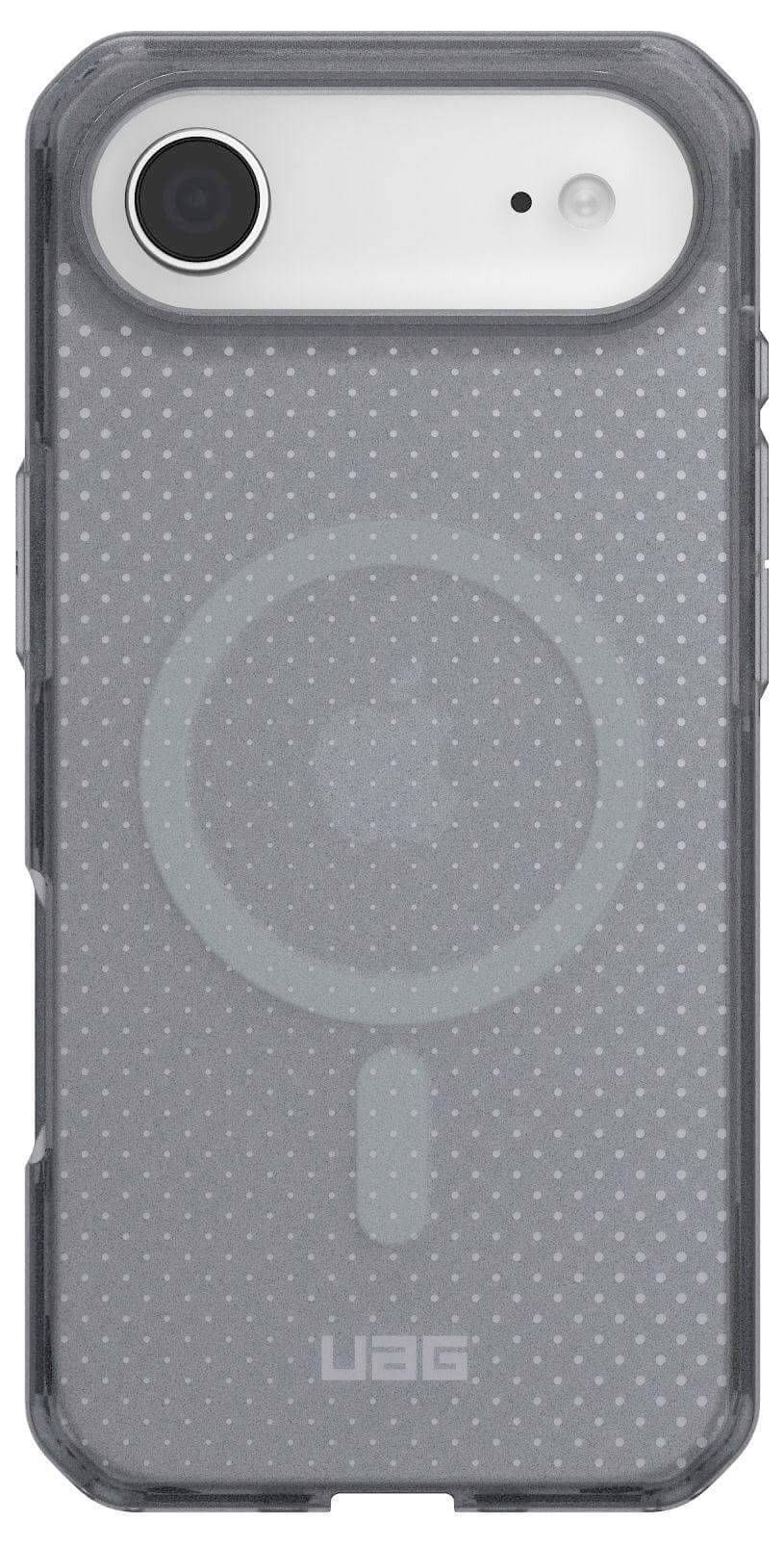 Eine transparente Handyhülle mit einer gepunkteten Textur und einem kreisförmigen Design in der Mitte. Die Hülle ist unten mit 'UAG' beschriftet.