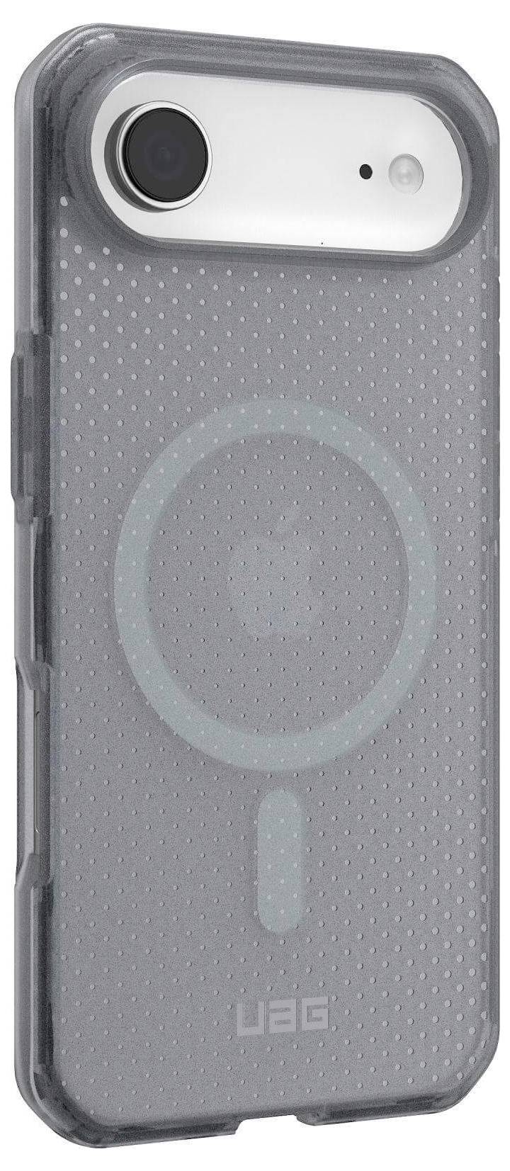 Eine graue Handyhülle mit einer gepunkteten Textur und einem kreisförmigen Design auf der Rückseite, mit der Aufschrift 'UAG'.