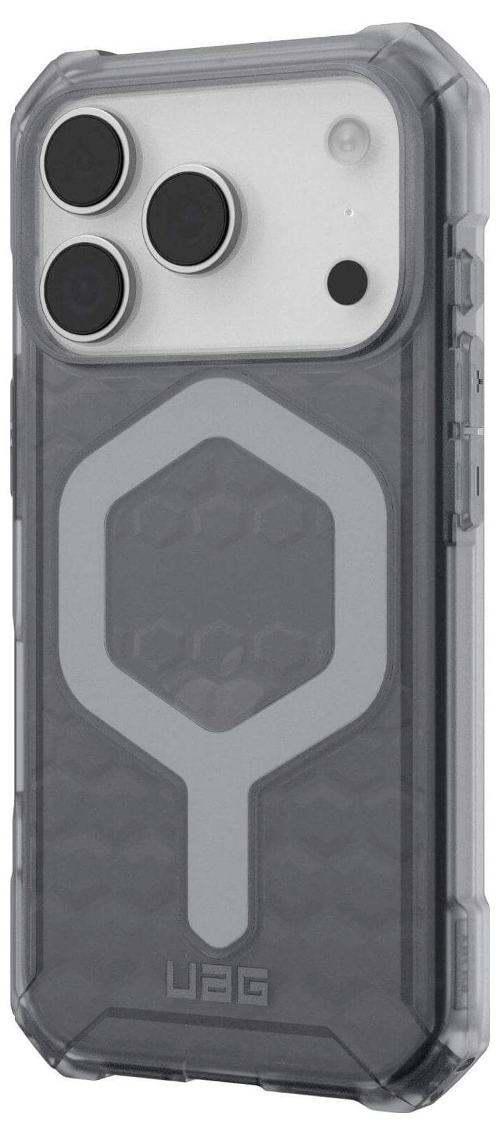 Eine schlanke, graue Handyhülle mit transparenter Rückseite und sechseckigem Muster, entwickelt für ein Smartphone mit fortschrittlichem Kameralayout.