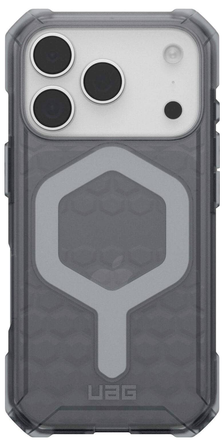 Ein robustes Smartphone-Gehäuse mit einem sechseckigen Muster und verstärkten Kanten, das ein Logo am unteren Rand trägt, präsentiert sein schützendes Design.