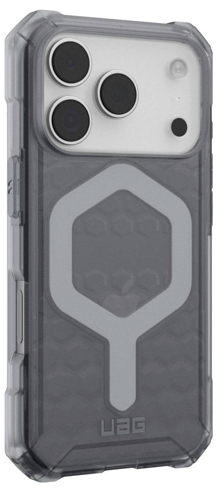 Ein Smartphone mit einer transparenten, robusten Schutzhülle, das ein großes Kameramodul mit drei Linsen präsentiert.