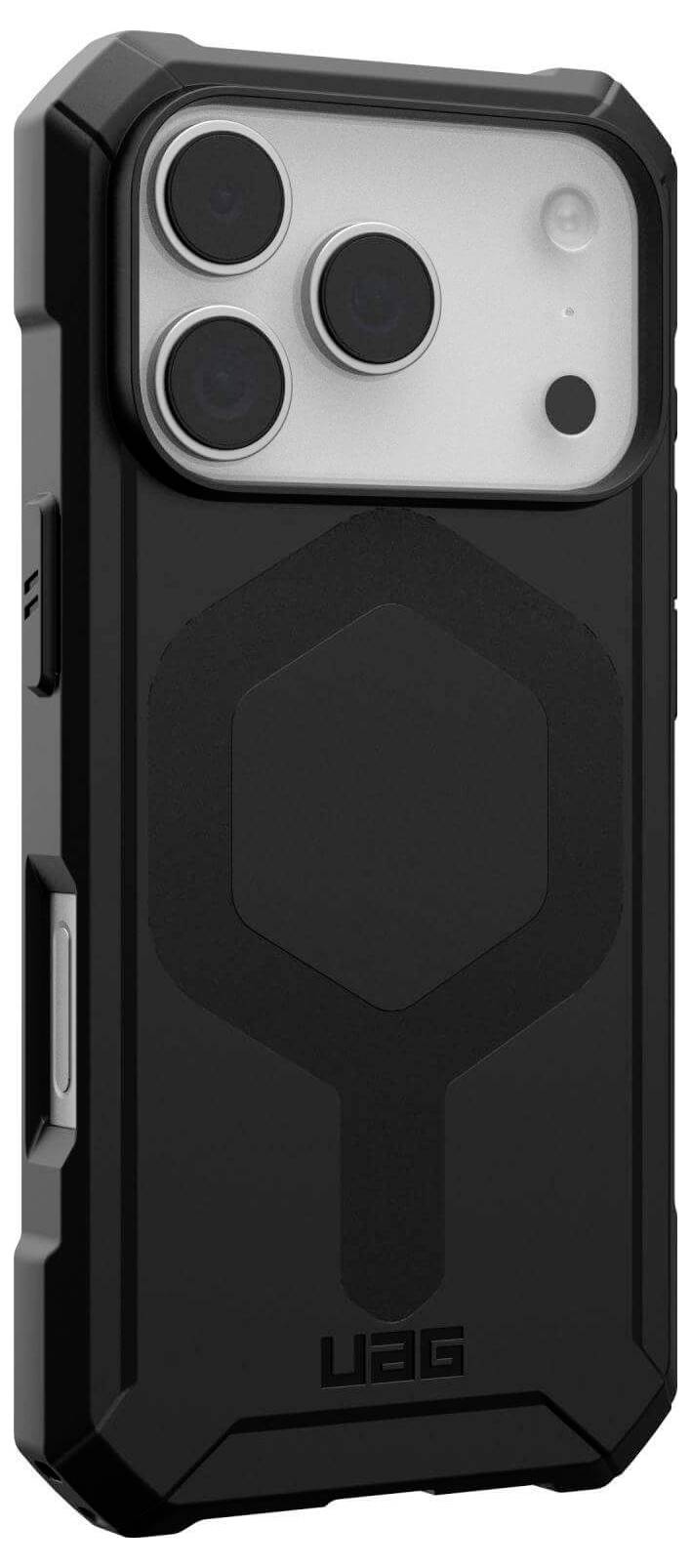 Ein robustes schwarzes Smartphone-Gehäuse mit verstärkten Ecken und Aussparungen für Kamera und Tasten, entwickelt zum Schutz vor Stürzen und Beschädigungen.