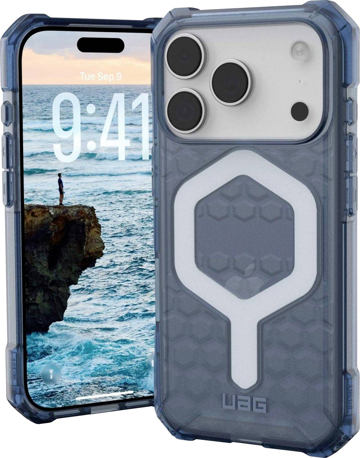 Zwei Smartphones zeigen die Zeit '9:41' am Dienstag, den 9. September an. Die Telefone sind mit blauen, sechseckigen UAG-Hüllen geschützt.