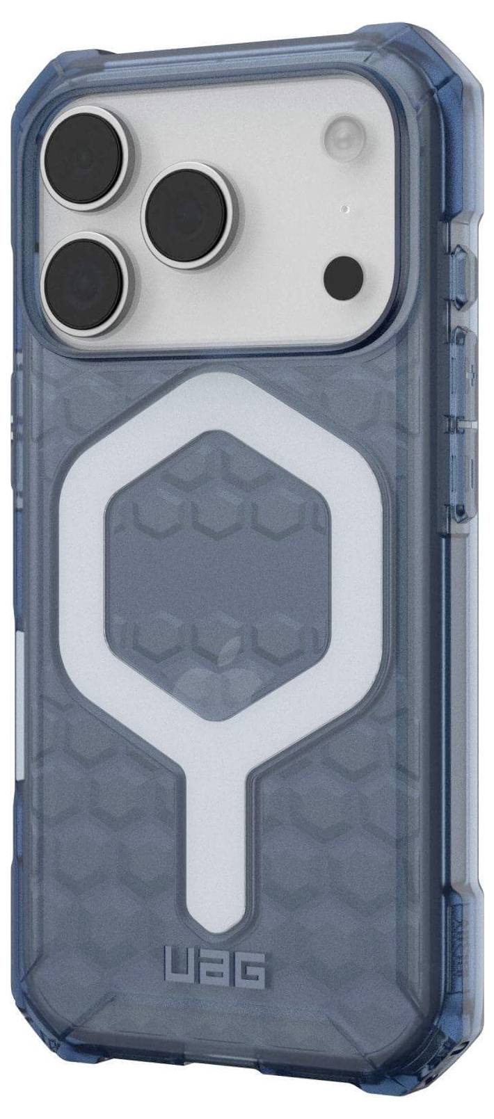 Ein Smartphone mit einer blauen, robusten Hülle mit Sechseckmusters. Die Hülle verfügt über drei hervorgehobene Kameraobjektive und das 'UAG'-Logo.