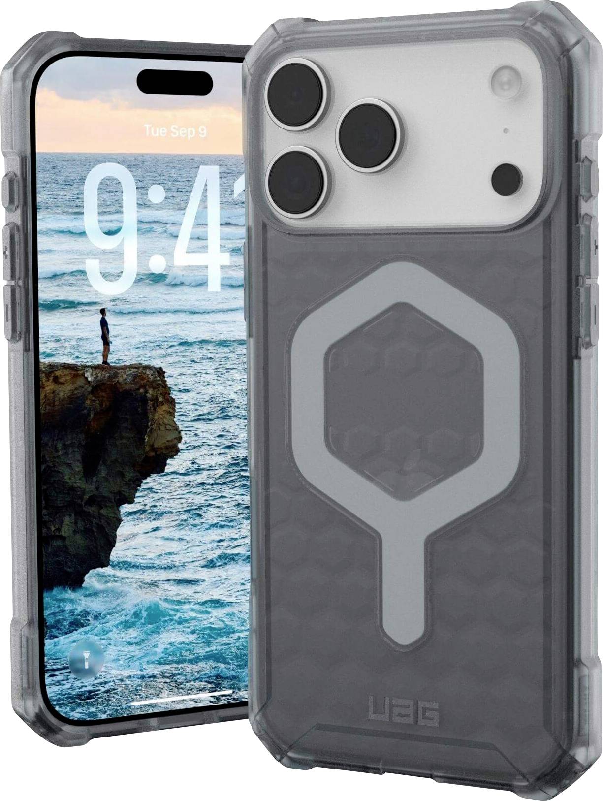 Ein robustes Smartphone-Gehäuse mit Wabennetzdesign wird gezeigt. Ein Telefon zeigt die Zeit 