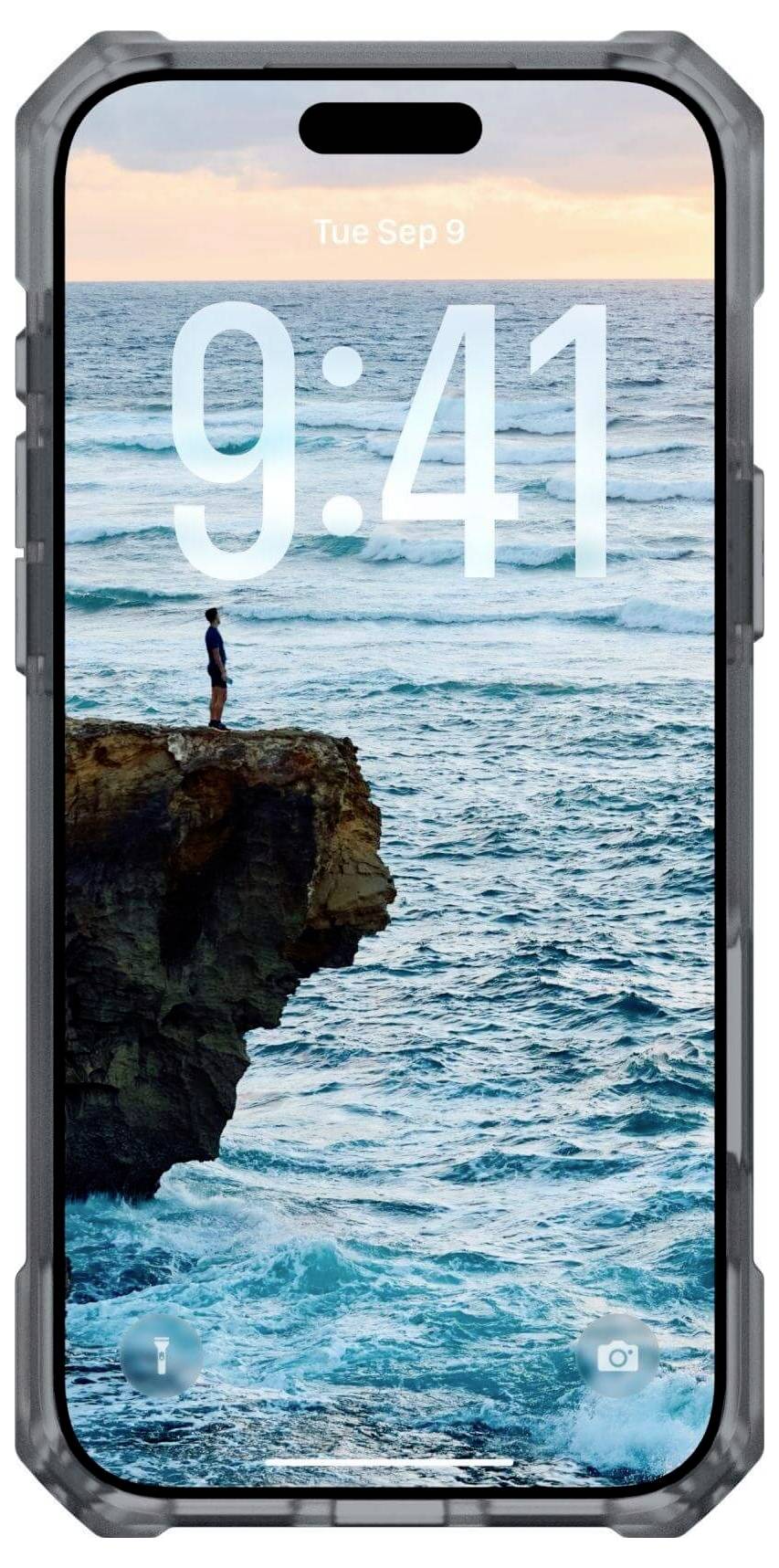 Ein Smartphone, das einen Sperrbildschirm mit der Uhrzeit '9:41' und einer malerischen Meereslandschaft zeigt. Eine Person steht am Rand einer Klippe über dem Meer.