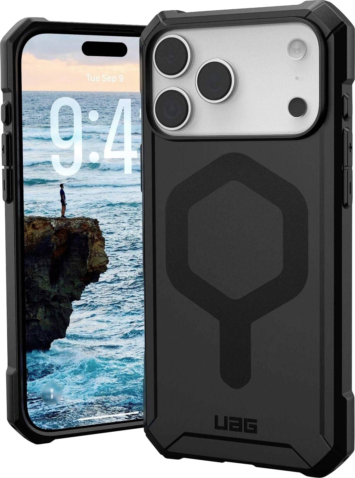 Zwei robuste Handyhüllen, eine zeigt die Rückseite mit einer Kameraausschnitt, die andere präsentiert den Bildschirm eines Handys mit einem Küstenklippen-Bild.