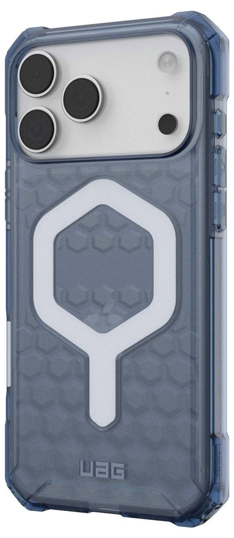 Ein modernes Smartphone mit einer blauen robusten Hülle, ausgestattet mit drei Rückkameralinsen und einem geometrischen Muster für einen verbesserten Griff.