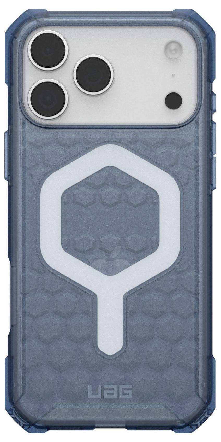 Eine Handyhülle mit einem sechseckigen Muster und drei Kameraobjektiv-Öffnungen, versehen mit einem auffälligen UAG-Logo in einer Blau-Weiß-Farbpalette.