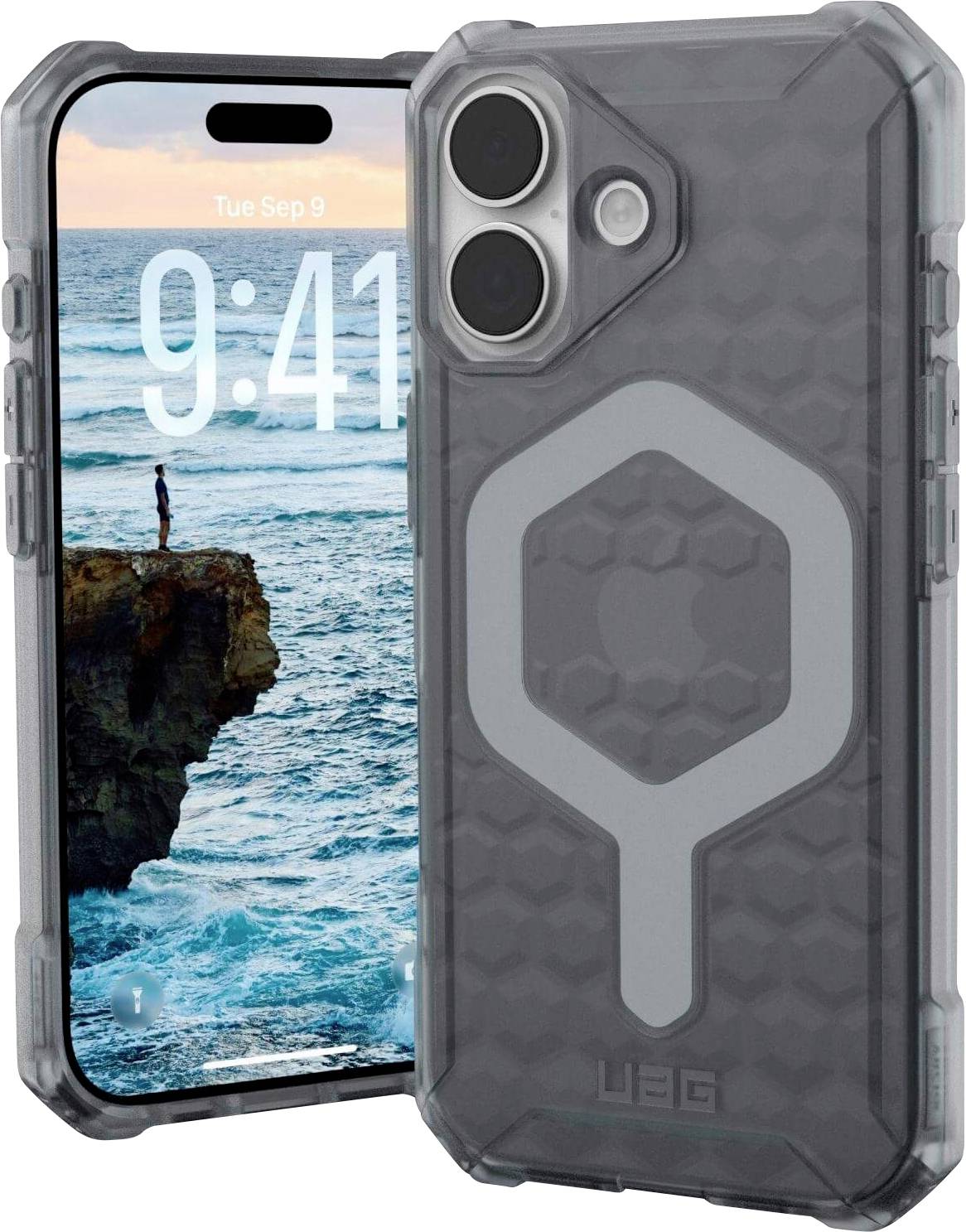 Ein Smartphone mit einem robusten, sechseckigen Gehäusemuster, auf dessen Bildschirm der Ozean zu sehen ist. Die angezeigte Zeit ist 9:41 Uhr am Dienstag, den 9. September.