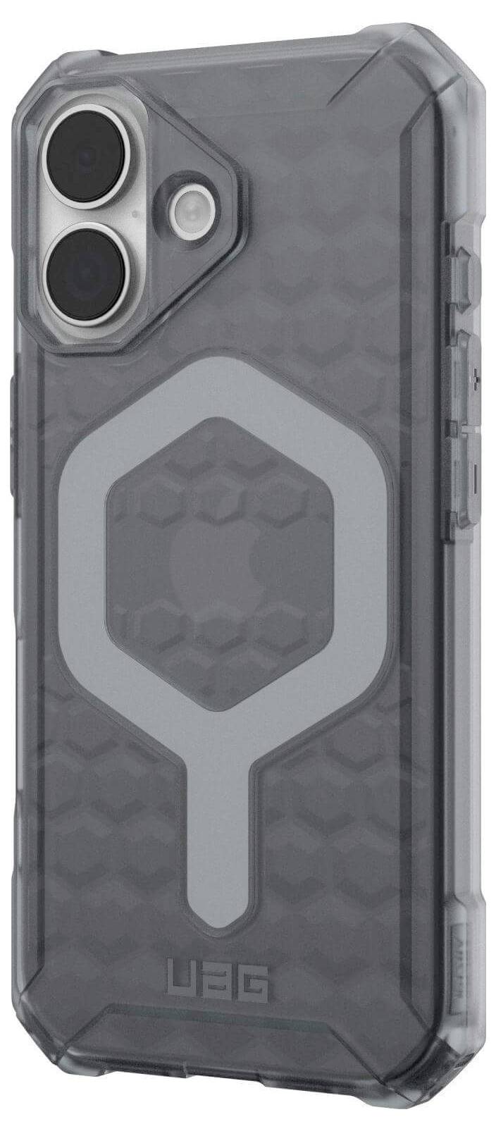 Eine robuste, transparente Handyhülle mit sechseckigem Muster und metallischen Kreiselementen, die verbesserte Strapazierfähigkeit und Schutz bietet.