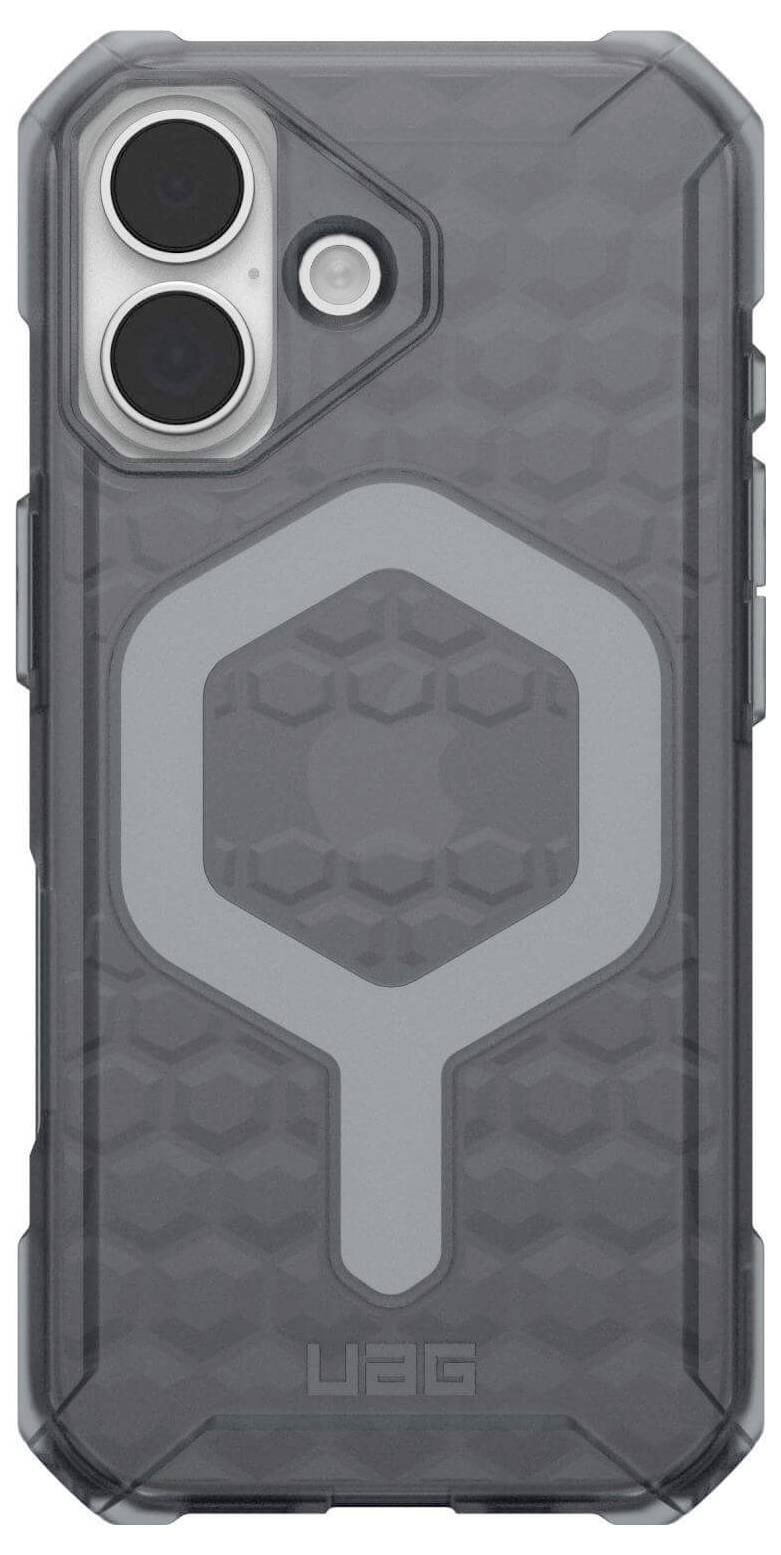 Eine robuste, dunkelgraue Smartphone-Hülle mit Aussparungen für doppelte Kameralinsen und einer erhöhten strukturierten Oberfläche, entwickelt für Schutz und Langlebigkeit.