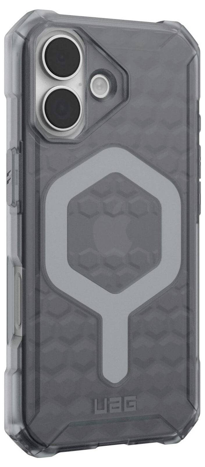 Eine robuste, transparente Smartphone-Hülle mit sechseckigen Mustern, die zwei Kameraausschnitte und ein MagSafe-kompatibles Design präsentiert.