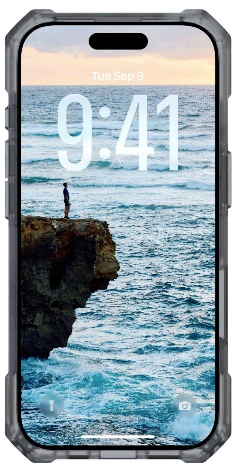 Ein Smartphone-Bildschirm zeigt die Uhrzeit '9:41' und das Datum 'Di Sep 9'. Das Hintergrundbild zeigt eine Person, die auf einer Klippe am Meer bei Sonnenuntergang steht.