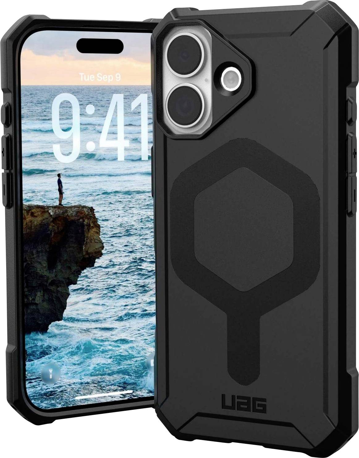 Ein robustes Smartphone mit einem Dual-Kamerasystem, eingehüllt in eine schwarze Schutzhülle. Der Bildschirm zeigt eine Szenerie einer Steilküste.