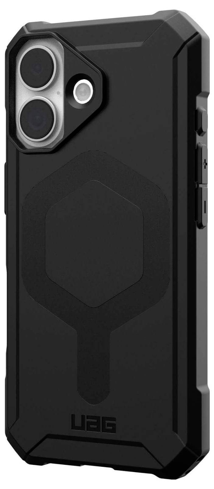 Ein robustes, schwarzes Smartphone-Gehäuse mit verstärkten Ecken, Dual-Kamera-Ausschnitt und sechseckigem Design, mit dem 'UAG' Logo am unteren Rand.