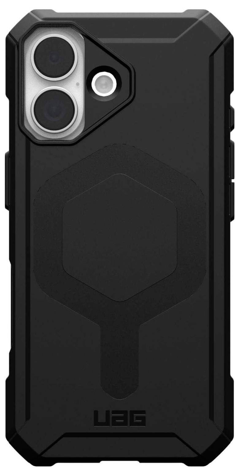 Ein robustes schwarzes Smartphone-Gehäuse mit geometrischem Design, schützenden Kanten und Aussparung für die Dual-Kamera. Geeignet für zusätzlichen Geräteschutz.