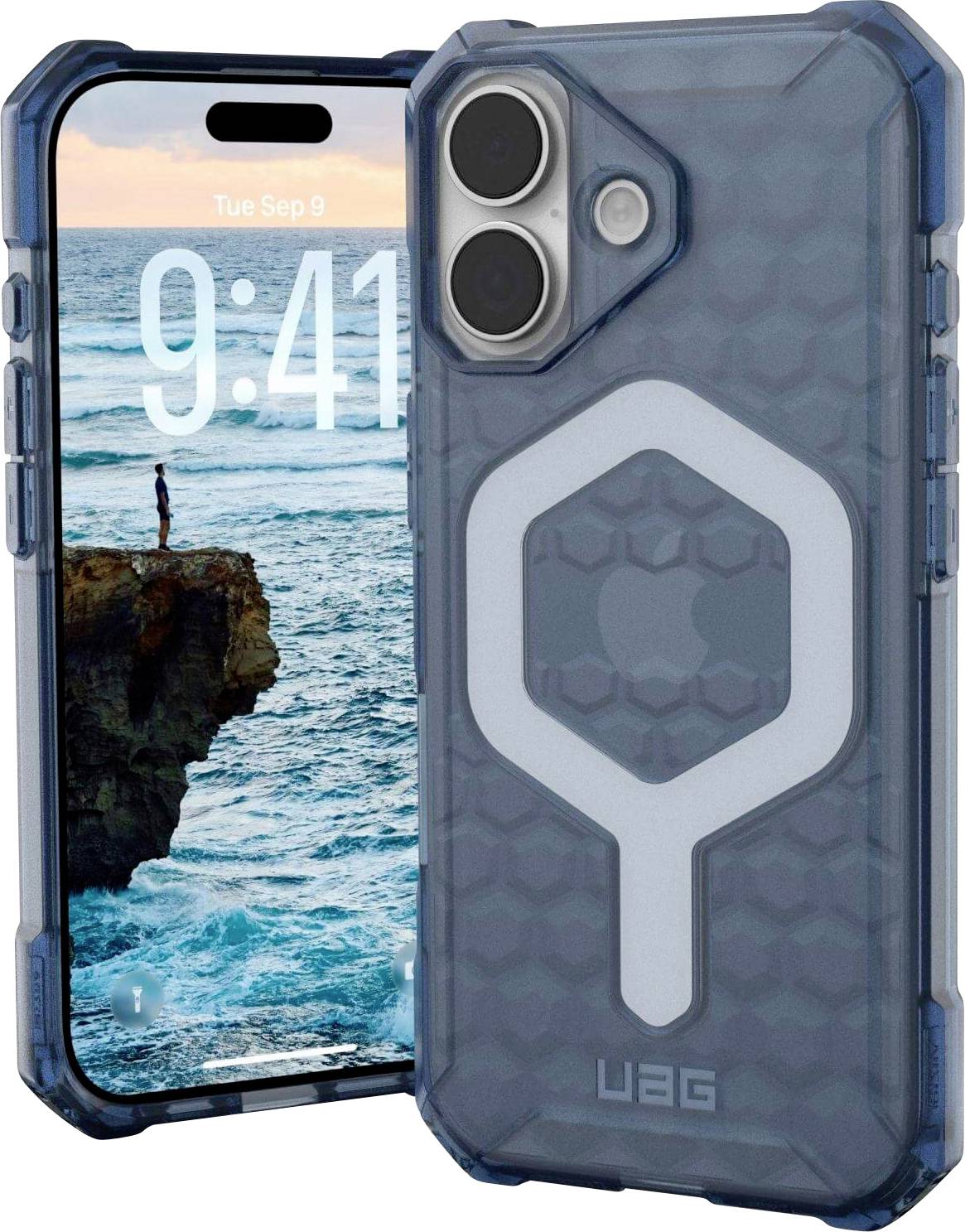 Ein Smartphone mit einem sechseckigen gemusterten, transparenten Schutzgehäuse ist zu sehen. Das Telefon zeigt eine Uhr, die '9:41' Uhr über einer Küstenlandschaft anzeigt.