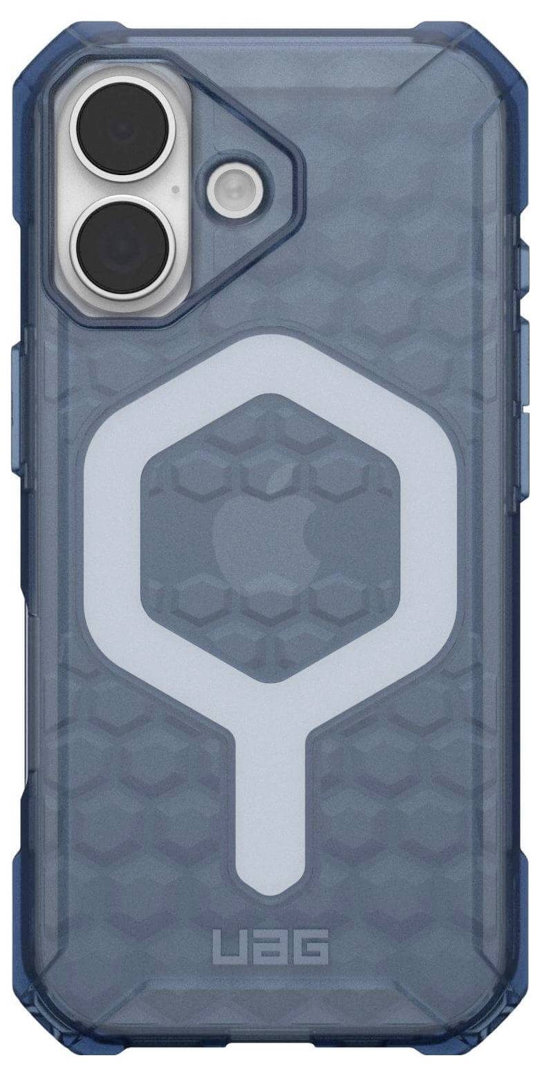 Ein robustes blaues Handyhülle mit einem sechseckigen Design und weißen Akzenten, verstärkten Ecken und doppelten Kameraausschnitten, versehen mit der Marke 'UAG'.