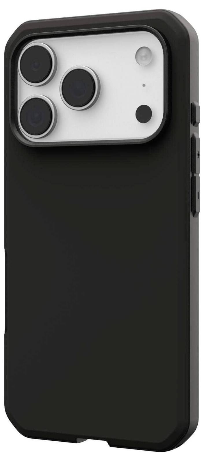 Eine schwarze Smartphone-Hülle mit einem großen, quadratischen Kameramodul, das drei Linsen und eine Blitz-Aussparung umfasst, konzipiert für Schutz.