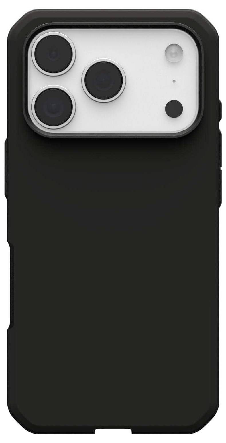 Eine schwarze Smartphone-Hülle mit Kameraausschnitt für ein Telefon mit drei Objektiven und einem Blitz.