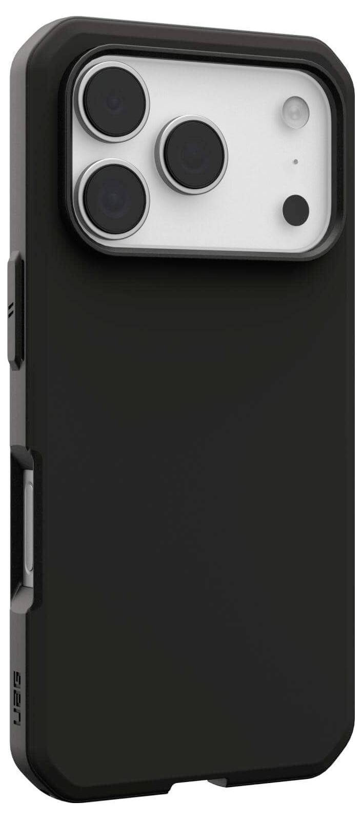 Ein schwarzes Smartphone-Gehäuse, das für ein Telefon mit drei Kameraobjektiven und einem Blitz konzipiert ist. Das Gehäuse verfügt über eine robuste, schützende Konstruktion.