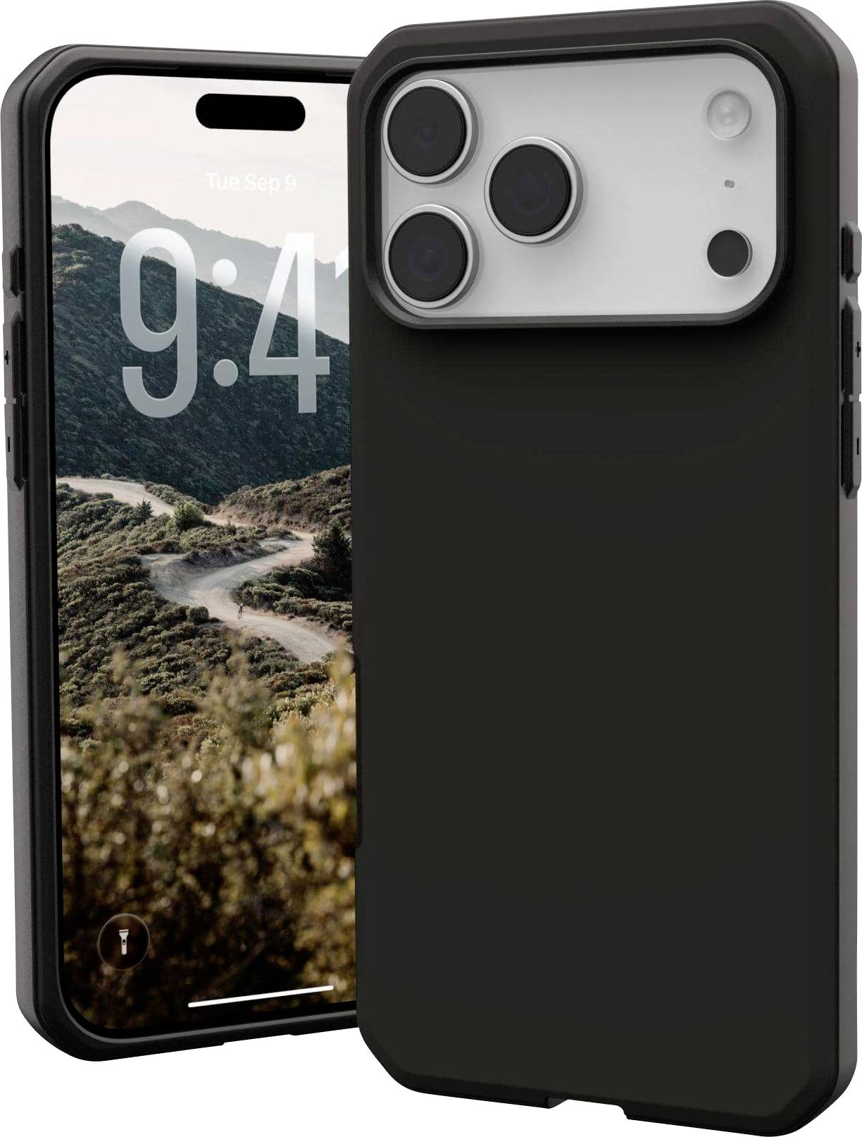 Ein Smartphone mit einem großen Kameramodul und einem Display, das '9:44' und 'Di Sep 9' anzeigt. Es verfügt über eine robuste schwarze Schutzhülle.