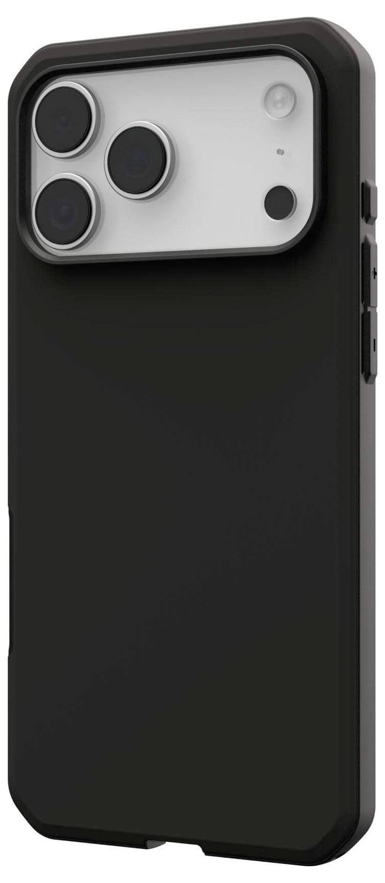 Eine schwarze Smartphone-Hülle mit Aussparung für eine dreifache Kameraeinheit und Blitz auf der Rückseite, entwickelt für ein modernes Smartphone-Modell.