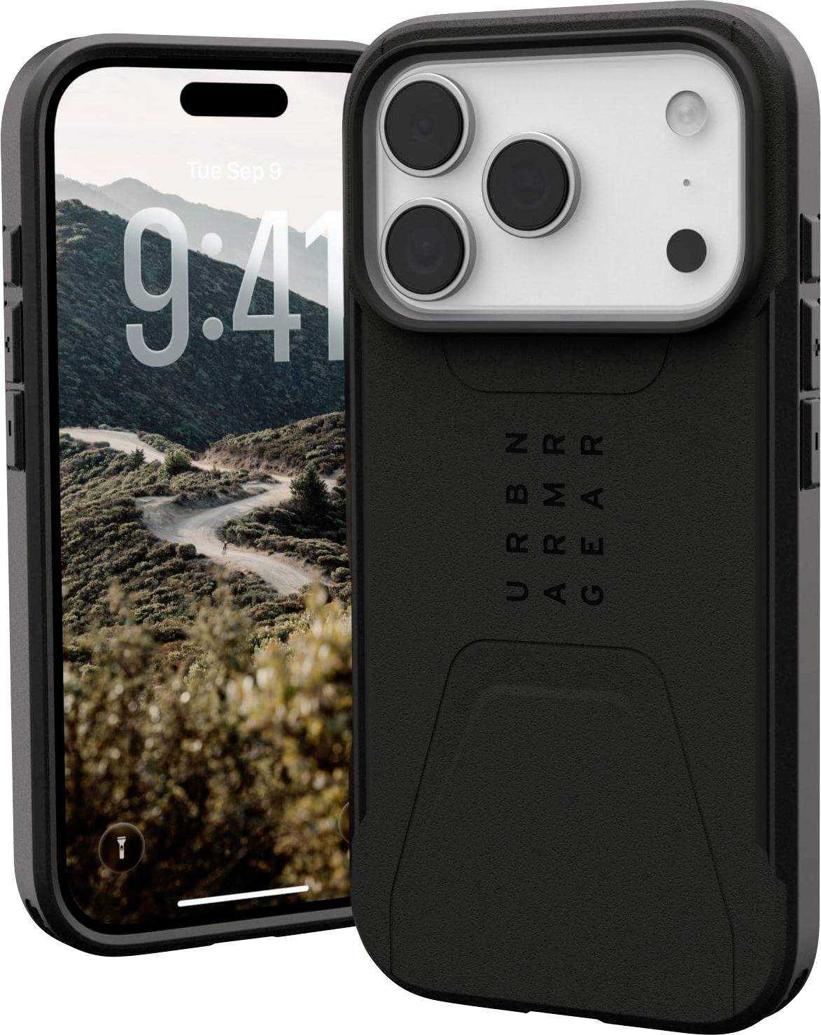 Zwei Smartphones in robusten Schutzhüllen; eines zeigt eine Berglandschaft auf dem Bildschirm, das andere präsentiert die Rückseite der Hülle mit der Aufschrift 