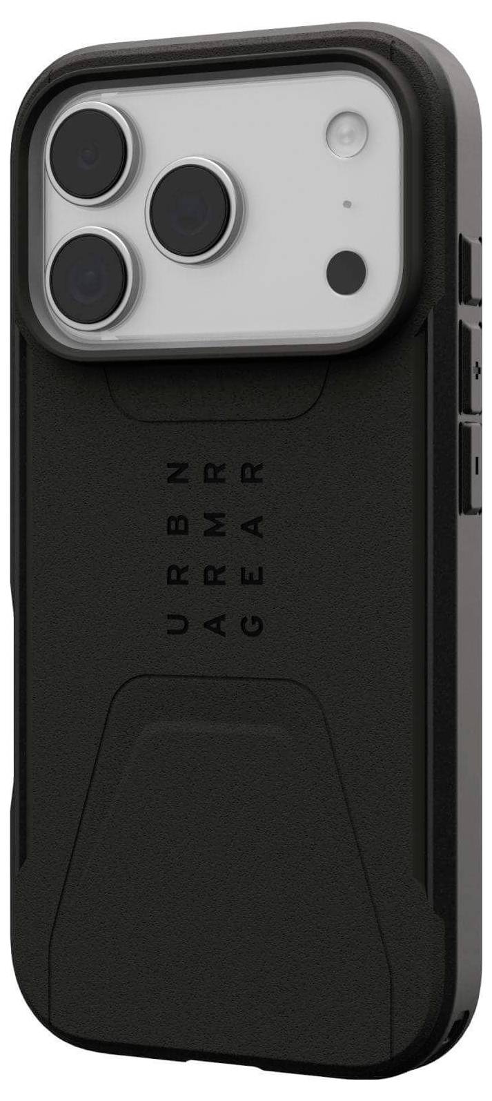 Eine schwarze Smartphone-Hülle mit drei Kameraöffnungen und dem Text 'URBN ARMR GEAR', der auf der Rückseite eingeprägt ist.