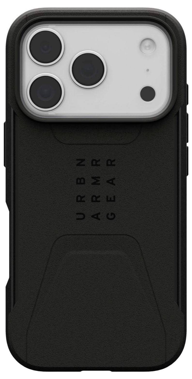 Eine schwarze Schutz-Handyhülle für ein Smartphone, auf deren Rückseite der Text 'URBN ARMR GEAR' angebracht ist und die entwickelt wurde, um Stöße und Schläge abzufangen.