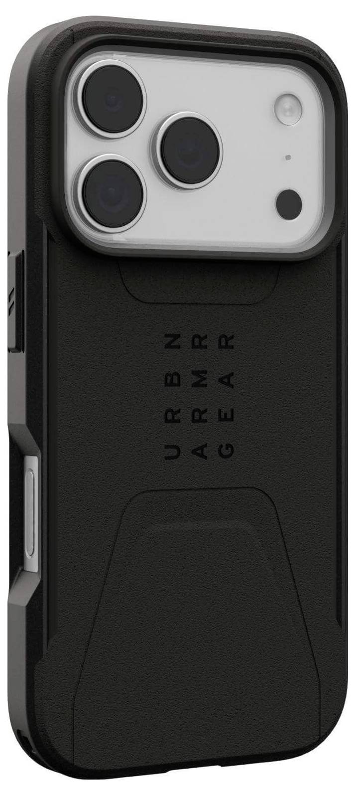 Ein schwarzes und graues, robustes Handyhülle mit drei kreisförmigen Kameraausschnitten, mit der Aufschrift 