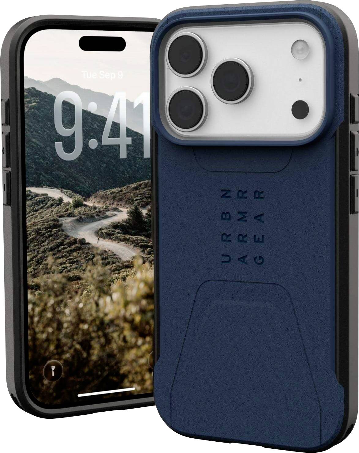 Ein robustes Smartphone-Gehäuse in Marineblau mit einem starken Griff, das ein iPhone mit einer bergigen Landschaft auf dem Bildschirm schützt.