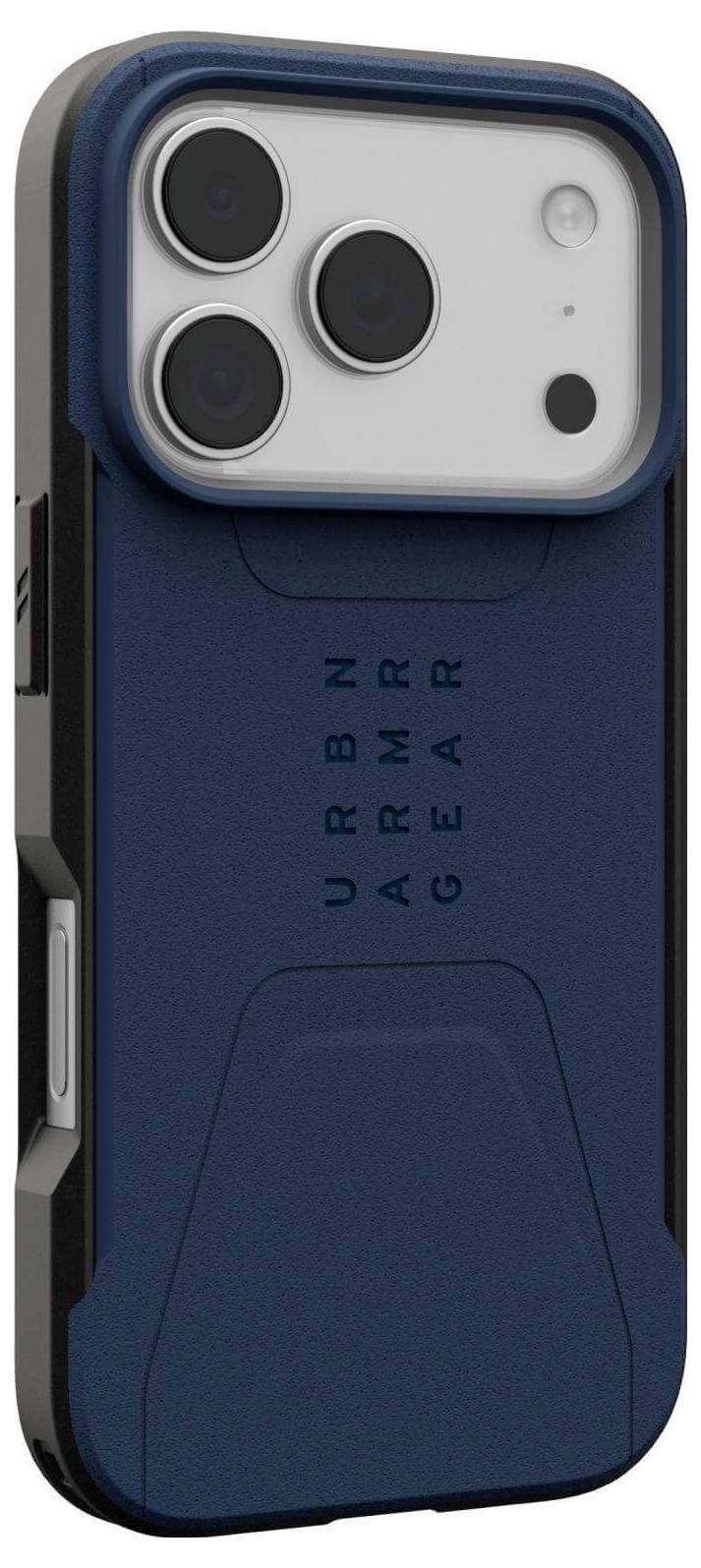 Ein blauer URBN ARMR Handyhülle mit robustem Design, ausgestattet mit drei Kameraobjektiv-Aussparungen, einem vorstehenden Kameragehäugeschutz und Seitentasten-Zugang.