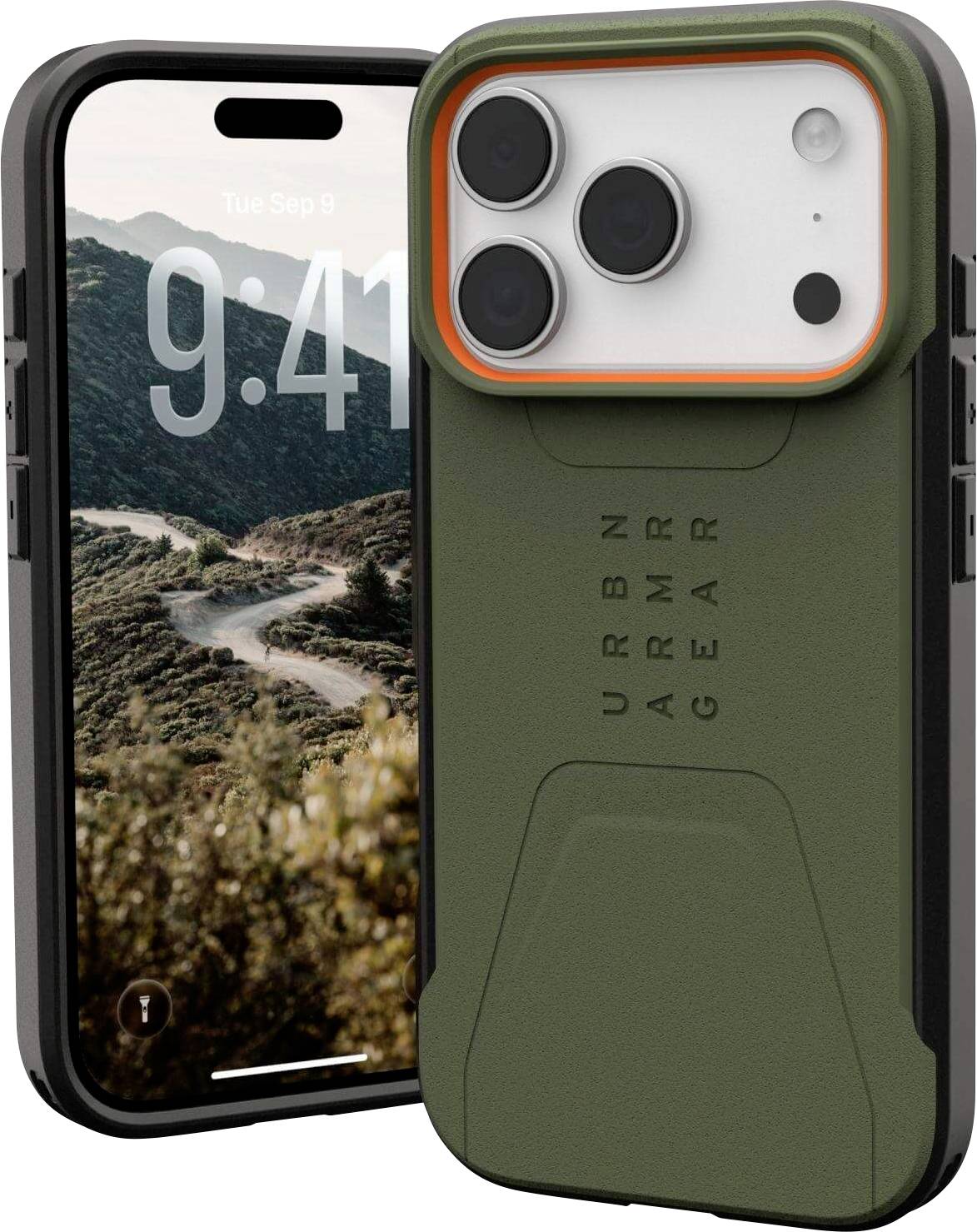 Ein robustes grünes Smartphone-Gehäuse mit orangefarbenen Akzenten auf einem Smartphone, das einen Sperrbildschirm mit dem Datum 'Di. 9. Sep' und der Uhrzeit '9:41' zeigt.