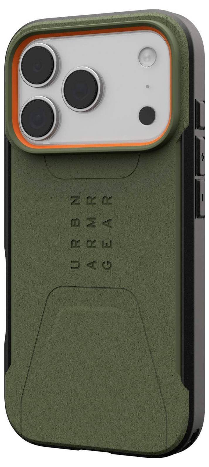 Ein robustes, grünes Smartphone-Gehäuse mit schwarzen Kanten, ausgestattet mit drei großen Kameraobjektiven und senkrecht beschriftet mit 'URBN ARMOR GEAR'.