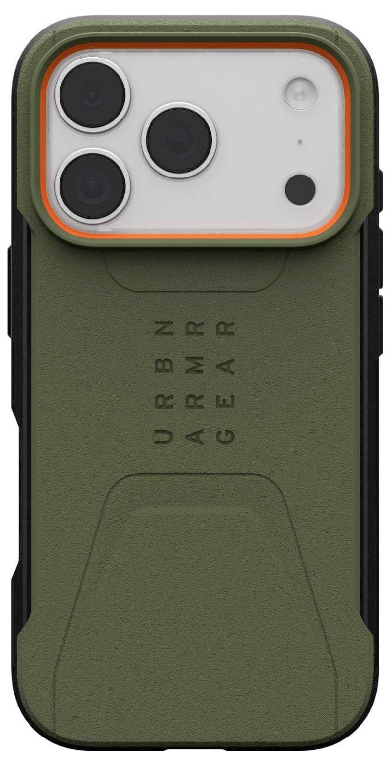 Eine robuste Handyhülle mit der Aufschrift 'URBN ARMR GEAR', mit einer großen Kameraaussparung und einem orangefarbenen Rahmen im Kamerabereich auf der Rückseite.