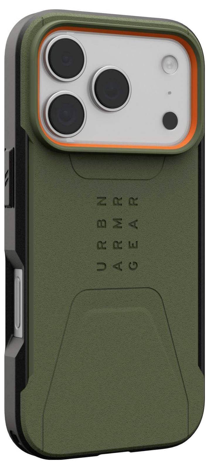 Robustes grünes Smartphone-Gehäuse mit verstärkten Ecken und drei Kameraausschnitten, geprägt mit dem Text ‚URBAN ARMOR GEAR' auf weißem Hintergrund.