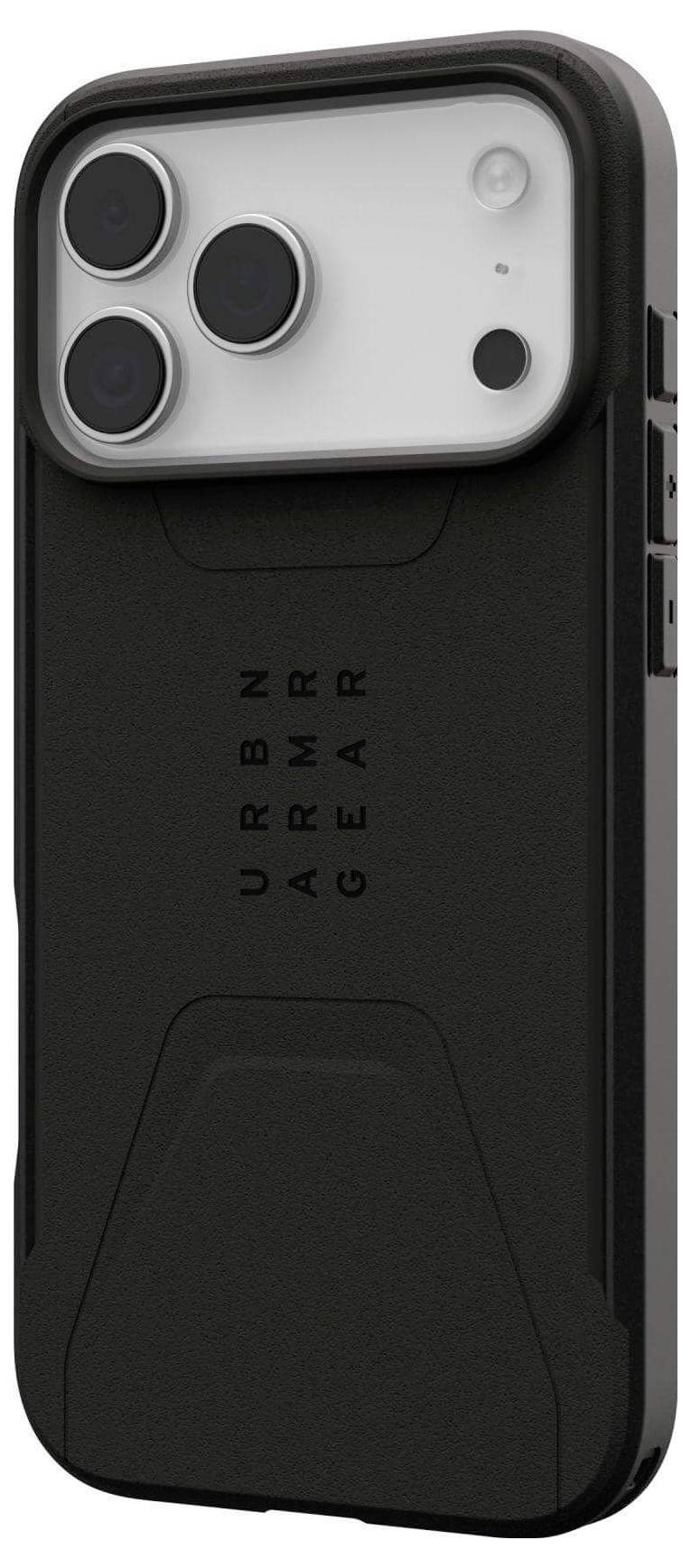 Ein schwarzes, schützendes Smartphone-Gehäuse mit drei Kameraausschnitten, von der Marke 'URBN ARMOR GEAR', entwickelt für Langlebigkeit und Stoßfestigkeit.