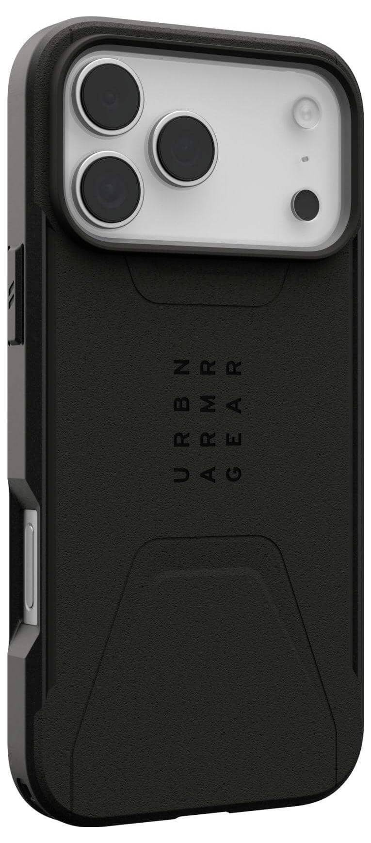 Ein schwarzes Smartphone-Gehäuse mit der Gravur 'URBN ARMR GEAR' auf der Rückseite, ausgestattet mit präzisen Aussparungen für Kameraobjektive und Tasten.